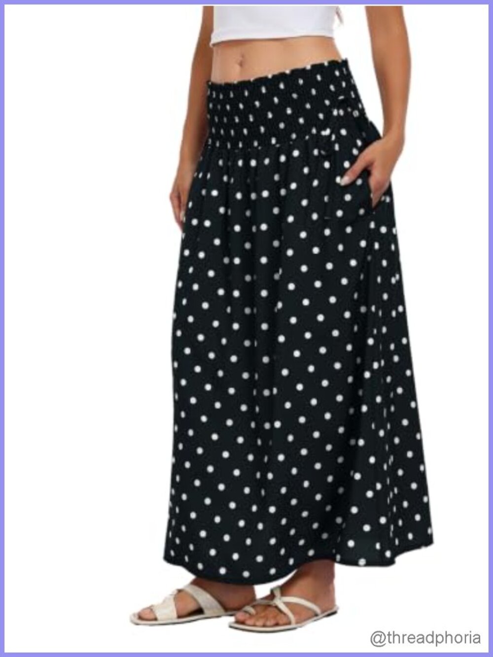 Womens Polka Dot Smocked Maxi Skirt Flowy Boho A-Line Vacation - Picture 3 of 6